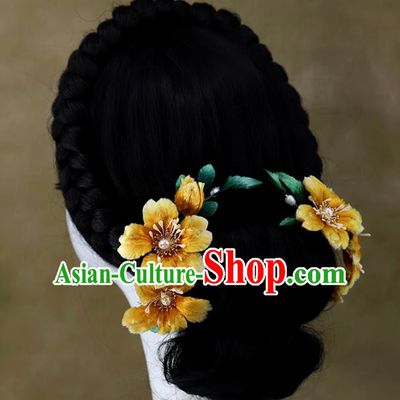 Chinese Traditional Hanfu Hairpin Wedding Hair Accessories Ancient Bride Yellow Velvet Flower Hair Comb