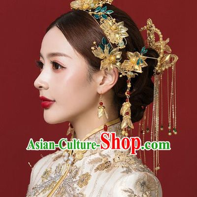 Traditional China Handmade Hair Ornament Wedding Tassel Hairpins Ancient Empress Yellow Lotus Hair Crown Full Set