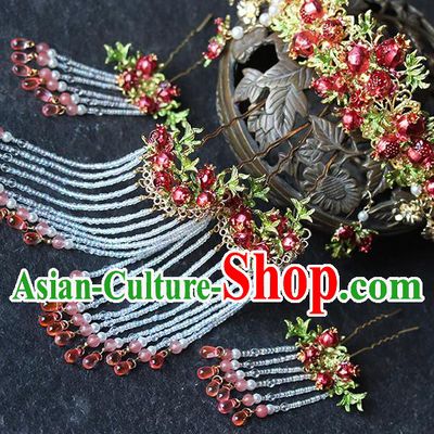 Traditional China Handmade Red Pomegranate Hair Crown Wedding Hair Ornament Ancient Bride Tassel Hairpins Full Set