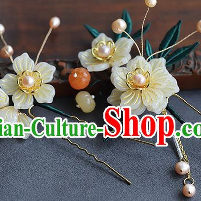 Chinese Hanfu White Plum Hairpin Traditional Wedding Hair Accessories Ancient Bride Jade Pearls Hair Stick