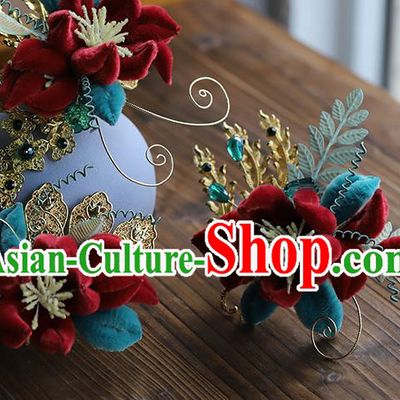 Chinese Hanfu Red Velvet Plum Hairpin Traditional Wedding Hair Accessories Ancient Bride Flowers Hair Sticks