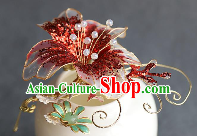Chinese Hanfu Red Flower Hairpin Traditional Wedding Hair Accessories Ancient Bride Hair Sticks Chinese Hanfu Red Flower Hairpin Traditional Wedding Hair Accessories Ancient Bride Hair Sticks