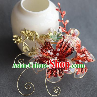 Chinese Traditional Wedding Hair Accessories Ancient Bride Hair Sticks Hanfu Red Flower Hairpin