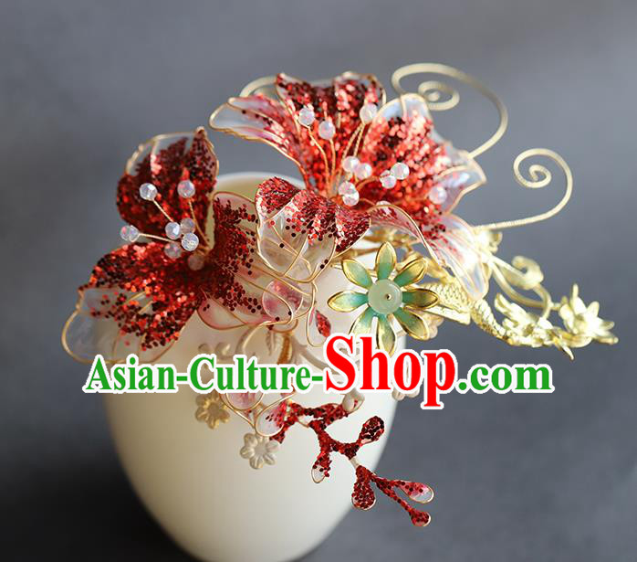 Chinese Traditional Wedding Hair Accessories Ancient Bride Hair Sticks Hanfu Red Flower Hairpin Chinese Traditional Wedding Hair Accessories Ancient Bride Hair Sticks Hanfu Red Flower Hairpin