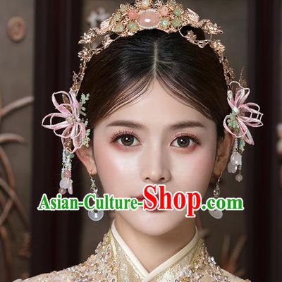 Traditional China Ancient Bride Flowers Hairpins Wedding Hair Ornament Handmade Hair Crown Full Set