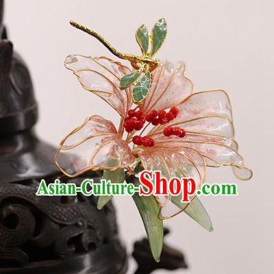 Chinese Traditional Hanfu Hairpin Wedding Hair Accessories Ancient Bride Dragonfly Pink Lily Flower Hair Stick