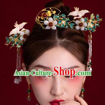 Traditional China Ancient Bride Crane Hairpins Wedding Hair Ornament Handmade Plum Hair Comb Full Set