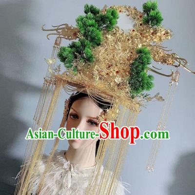 Top Grade Stage Show Bride Golden Tassel Phoenix Coronet China Wedding Hair Ornament Handmade Court Queen Deluxe Pine Hair Crown