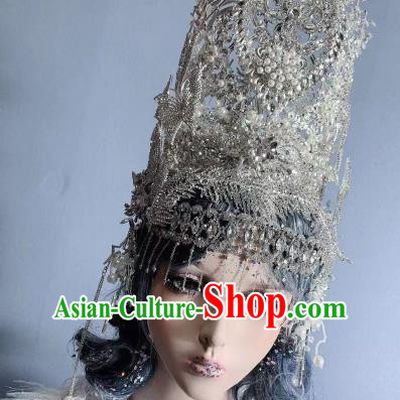 Top Court Queen Deluxe Headdress Handmade Halloween Stage Show Hair Ornament Baroque Wedding Bride Argent Royal Crown
