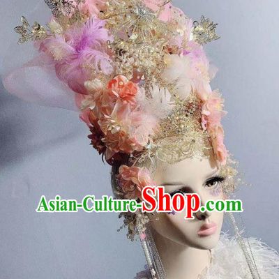 Top Court Handmade Pink Feather Flowers Royal Crown Baroque Bride Deluxe Headdress Halloween Stage Show Hair Ornament