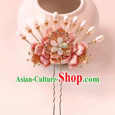Chinese Traditional Hanfu Pink Flower Hairpin Wedding Hair Accessories Ancient Bride Pearls Hair Stick