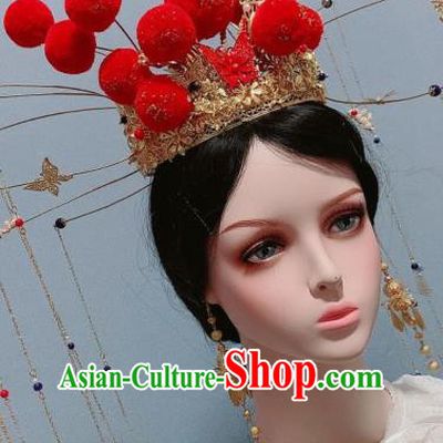 Handmade Chinese Traditional Phoenix Coronet Hair Accessories Ancient Bride Headwear Wedding Red Bubble Hair Crown