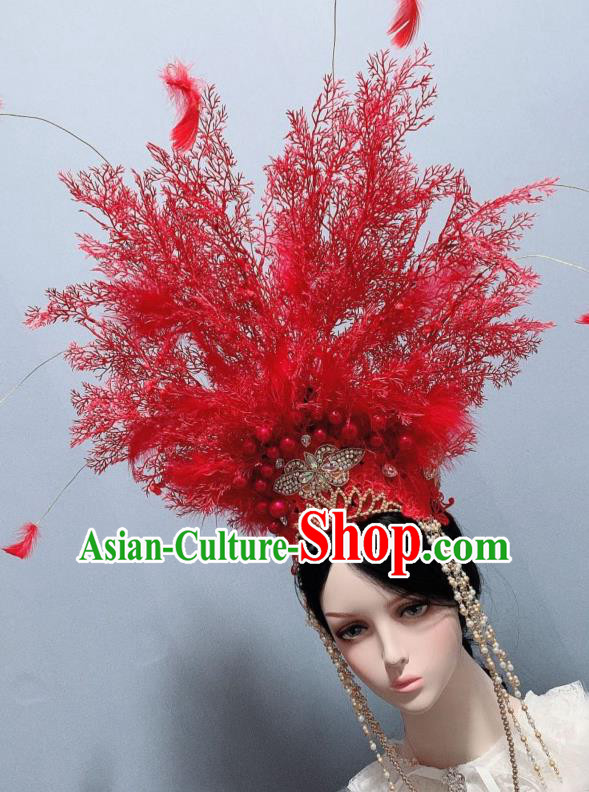Handmade Chinese Traditional Hair Accessories Ancient Bride Headwear Wedding Red Branch Hair Crown Handmade Chinese Traditional Hair Accessories Ancient Bride Headwear Wedding Red Branch Hair Crown