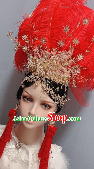 Handmade Chinese Wedding Red Feather Hair Crown Traditional Hair Accessories Ancient Bride Headwear Handmade Chinese Wedding Red Feather Hair Crown Traditional Hair Accessories Ancient Bride Headwear