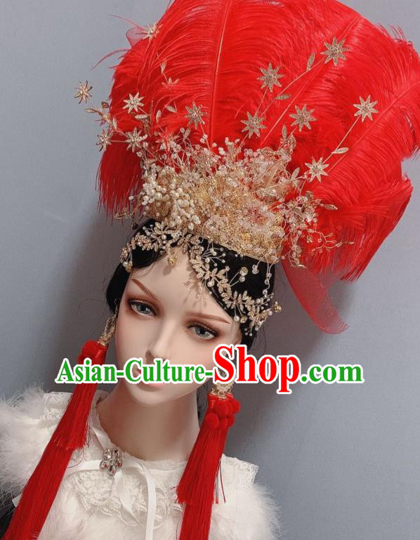 Handmade Chinese Wedding Red Feather Hair Crown Traditional Hair Accessories Ancient Bride Headwear Handmade Chinese Wedding Red Feather Hair Crown Traditional Hair Accessories Ancient Bride Headwear