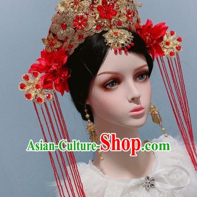 Handmade Chinese Qing Dynasty Wedding Red Hair Crown Traditional Hair Accessories Ancient Empress Headwear
