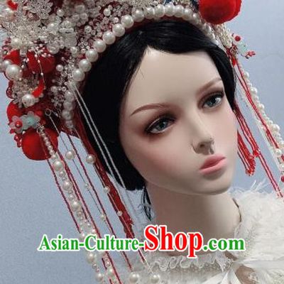 Handmade Chinese Wedding White Beads Flowers Hair Crown Ancient Empress Phoenix Coronet Traditional Hair Accessories