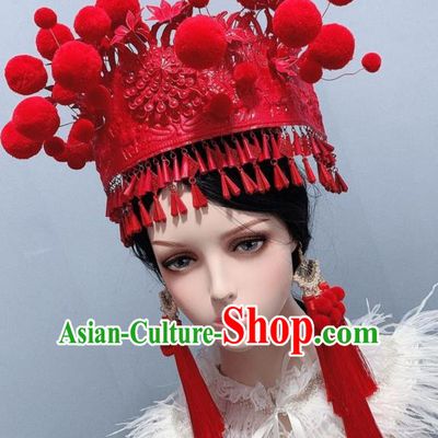 Handmade Chinese Bride Tassel Phoenix Coronet Traditional Wedding Hair Accessories Ethnic Red Hat