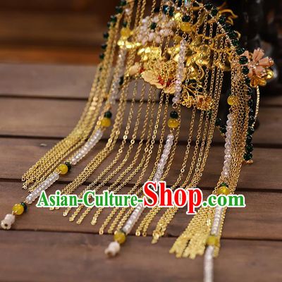 Chinese Traditional Hanfu Beads Tassel Hair Comb Wedding Hair Accessories Ancient Bride Golden Hairpin