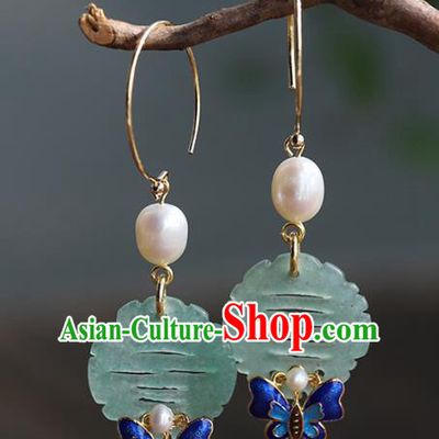 Handmade Chinese Ancient Bride Jade Earrings Jewelry Traditional Wedding Blueing Butterfly Ear Accessories
