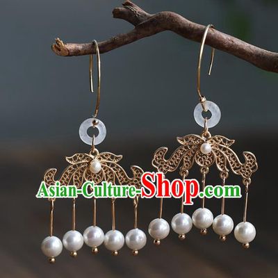 Handmade Chinese Ancient Bride Tassel Golden Earrings Jewelry Traditional Wedding White Jade Ear Accessories