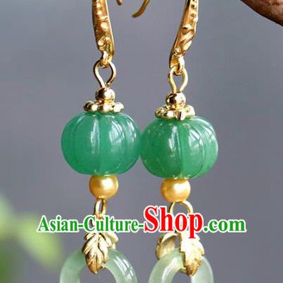 Handmade Chinese Traditional Wedding Jade Pumpkin Ear Accessories Ancient Qing Dynasty Earrings Jewelry