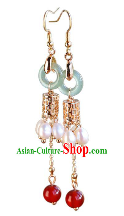 Handmade Chinese Ancient Bride Aventurine Earrings Jewelry Traditional Wedding Golden Ear Accessories Handmade Chinese Ancient Bride Aventurine Earrings Jewelry Traditional Wedding Golden Ear Accessories