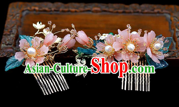 Chinese Traditional Hanfu Pink Flowers Hair Comb Wedding Hair Accessories Ancient Bride Hairpin Chinese Traditional Hanfu Pink Flowers Hair Comb Wedding Hair Accessories Ancient Bride Hairpin