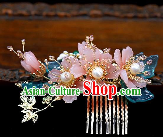 Chinese Traditional Hanfu Pink Flowers Hair Comb Wedding Hair Accessories Ancient Bride Hairpin Chinese Traditional Hanfu Pink Flowers Hair Comb Wedding Hair Accessories Ancient Bride Hairpin