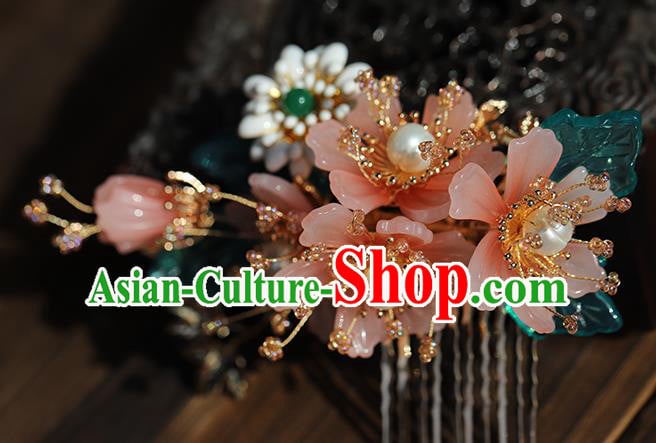 Chinese Traditional Hanfu Pink Flowers Hair Comb Wedding Hair Accessories Ancient Bride Hairpin Chinese Traditional Hanfu Pink Flowers Hair Comb Wedding Hair Accessories Ancient Bride Hairpin