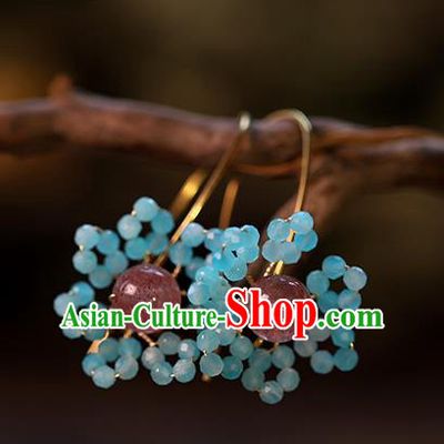 Handmade Chinese Ancient Bride Blue Beads Earrings Jewelry Traditional Wedding Amethyst Ear Accessories
