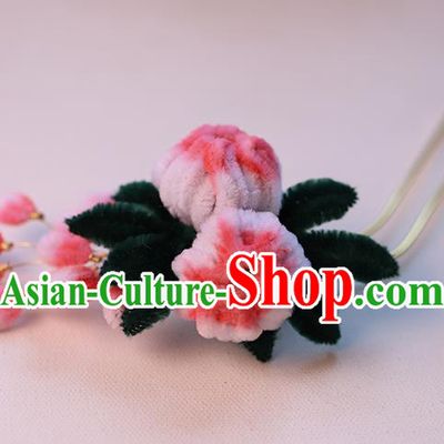 Chinese Traditional Hanfu Hair Stick Wedding Hair Accessories Ancient Bride Pink Velvet Chrysanthemum Hairpin