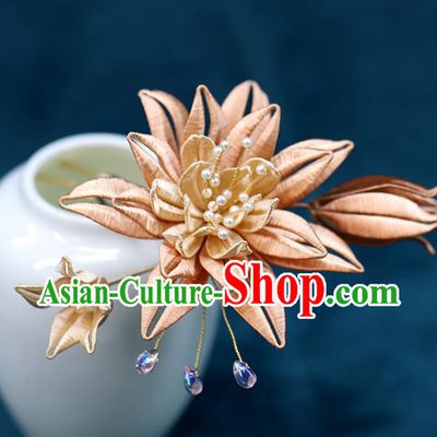 Chinese Traditional Ming Dynasty Hanfu Hair Stick Ancient Bride Orange Silk Flower Hairpin Wedding Hair Accessories
