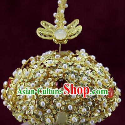 Chinese Ancient Bride Phoenix Coronet Ming Dynasty Golden Dragonfly Hair Crown Traditional Wedding Pearls Hair Accessories