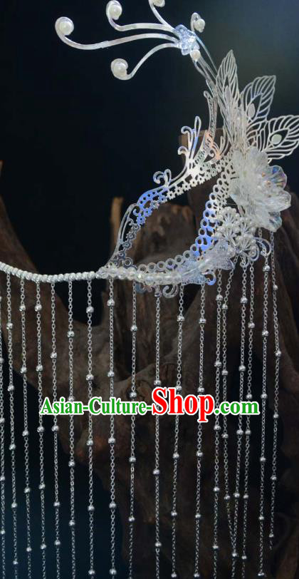 China Ancient Female Swordsman Argent Tassel Face Mask Traditional Drama Accessories China Ancient Female Swordsman Argent Tassel Face Mask Traditional Drama Accessories