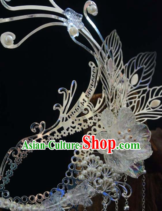 China Ancient Female Swordsman Argent Tassel Face Mask Traditional Drama Accessories China Ancient Female Swordsman Argent Tassel Face Mask Traditional Drama Accessories