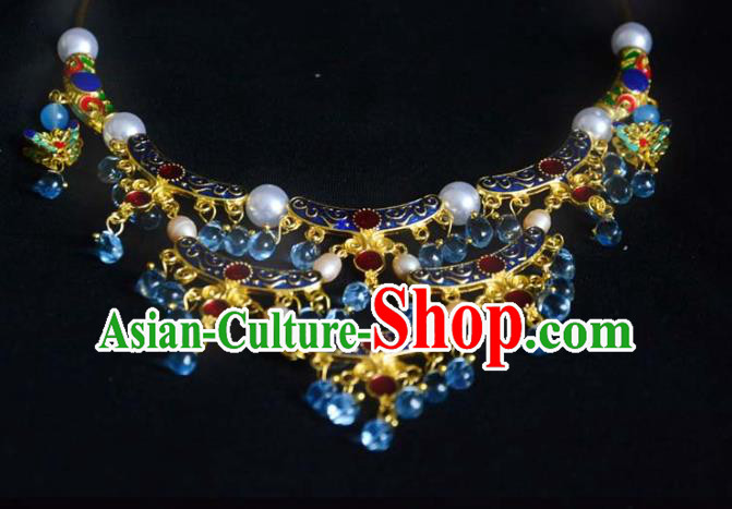 Handmade Chinese Ancient Empress Blue Necklace Jewelry Traditional Ming Dynasty Necklet Accessories Handmade Chinese Ancient Empress Blue Necklace Jewelry Traditional Ming Dynasty Necklet Accessories