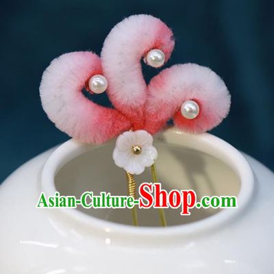 Chinese Ancient Bride Hairpin Wedding Hair Accessories Traditional Hanfu Pink Velvet Fox Tail Hair Stick