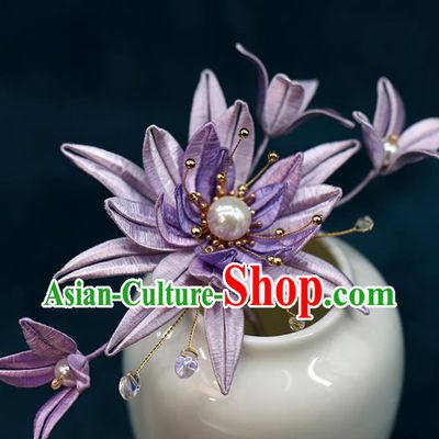 Chinese Traditional Wedding Hair Accessories Hanfu Hair Stick Ancient Bride Purple Silk Epiphyllum Hairpin