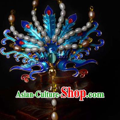 Chinese Traditional Blueing Phoenix Hair Crown Ancient Empress Pearls Hairpin Hanfu Hair Accessories