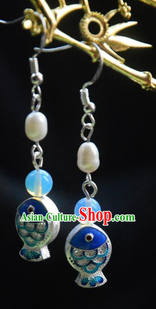 Handmade Chinese Ancient Princess Argent Earrings Jewelry Traditional Blueing Fish Ear Accessories Handmade Chinese Ancient Princess Argent Earrings Jewelry Traditional Blueing Fish Ear Accessories
