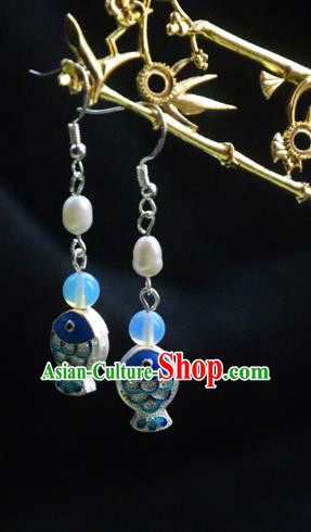 Handmade Chinese Ancient Princess Argent Earrings Jewelry Traditional Blueing Fish Ear Accessories Handmade Chinese Ancient Princess Argent Earrings Jewelry Traditional Blueing Fish Ear Accessories