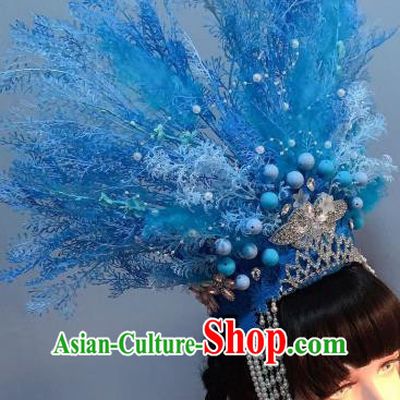 Top Baroque Queen Hat Hair Accessories Handmade Blue Royal Crown Stage Show Hair Ornament