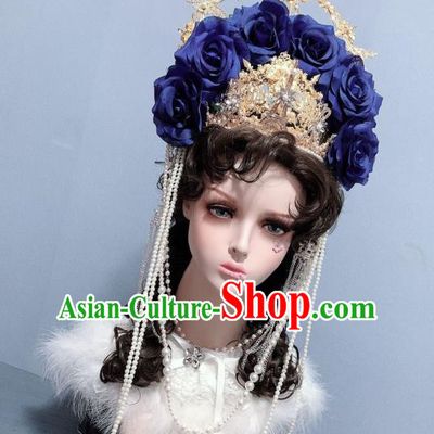 Top Handmade Blue Roses Royal Crown Hair Accessories Stage Show Hair Ornament Baroque Princess Hair Clasp