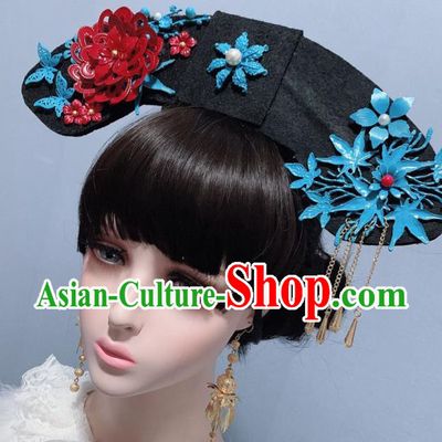China Traditional Drama Headdress Qing Dynasty Court Lady Cloisonne Red Peony Phoenix Coronet Ancient Imperial Consort Hair Accessories