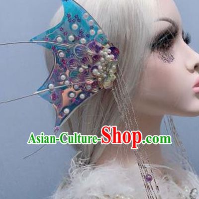 Top Baroque Princess Blue Fin Tassel Hair Sticks Handmade Laser Hair Accessories Stage Show Hair Ornament