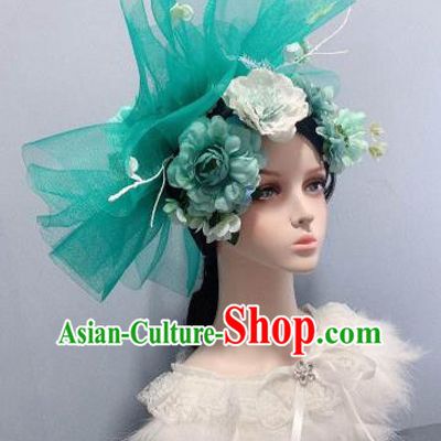 Top Stage Show Princess Headwear Wedding Hair Accessories Handmade Peony Royal Crown Green Veil Top Hat