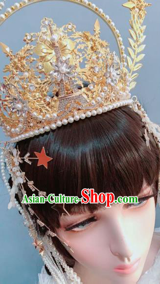 Europe Princess Golden Royal Crown Wedding Hair Accessories Handmade Goddess Headwear Europe Princess Golden Royal Crown Wedding Hair Accessories Handmade Goddess Headwear