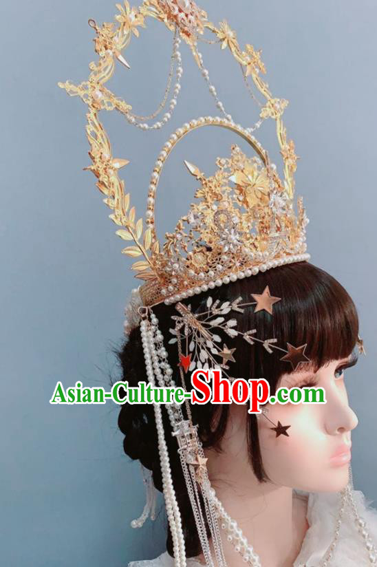 Europe Princess Golden Royal Crown Wedding Hair Accessories Handmade Goddess Headwear Europe Princess Golden Royal Crown Wedding Hair Accessories Handmade Goddess Headwear