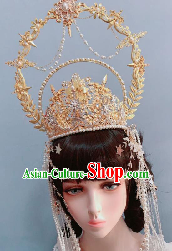 Europe Princess Golden Royal Crown Wedding Hair Accessories Handmade Goddess Headwear Europe Princess Golden Royal Crown Wedding Hair Accessories Handmade Goddess Headwear